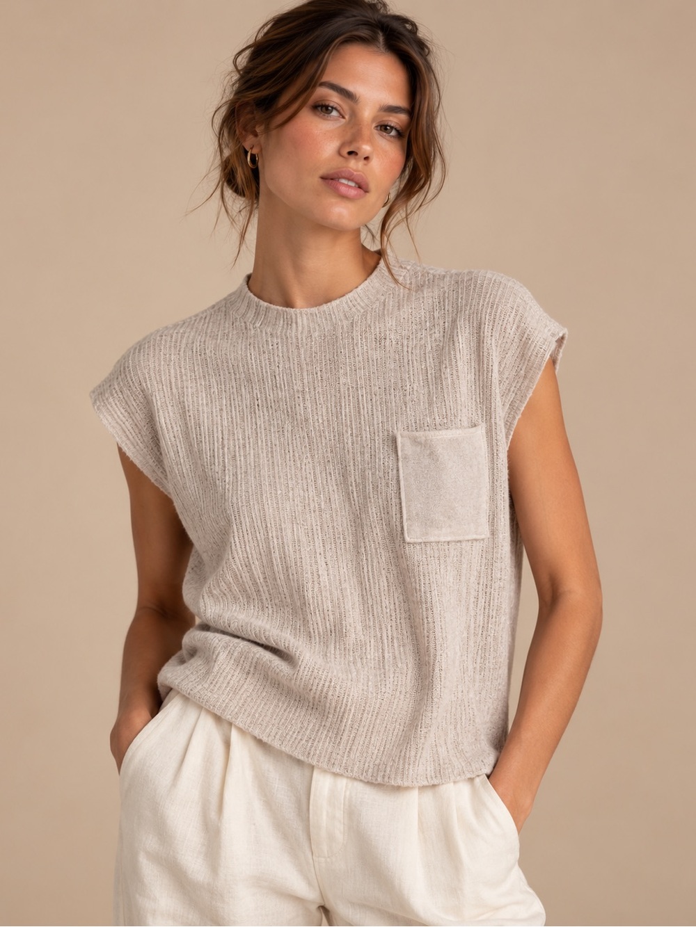 white birch Sleeveless Knit Pocket Tank in Light Beige